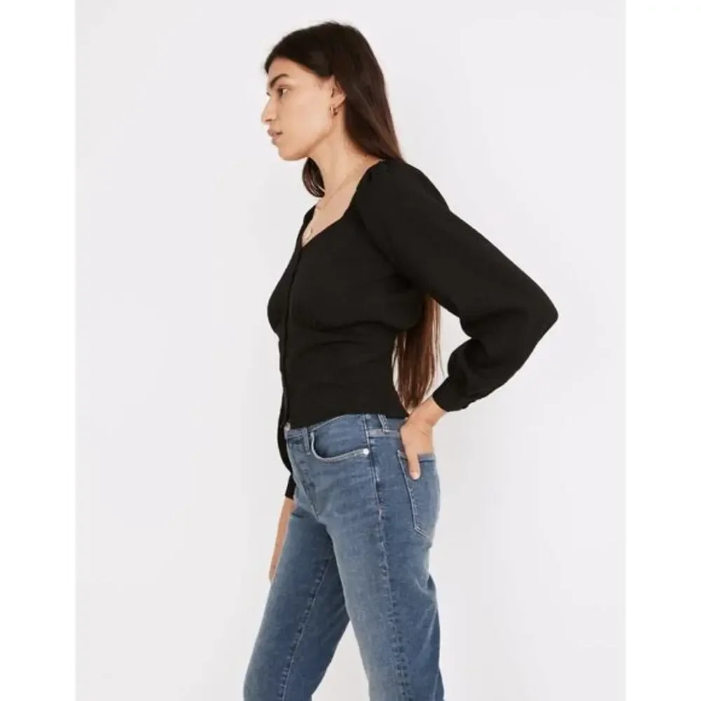 New! Madewell Preston Puff-Sleeve Top‎ in true black, size S